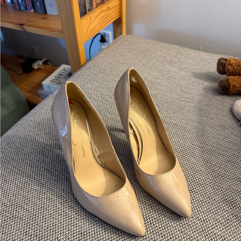 Jessica Simpson Beige Patent Pointed-Toe Pumps